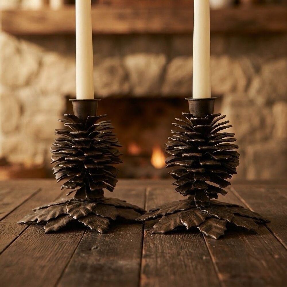 Crate & Barrel Bronze Metal Pinecone Leaf Candlestick Holders Rustic Pair